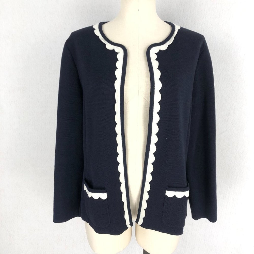 Talbots Women's Size Large Navy Blue & White Open Front Knit Cardigan Sweater